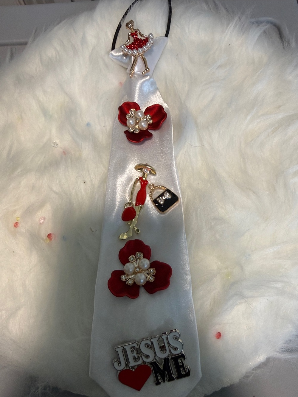 White Satin Ribbon Necklace with Red Floral & Charm Accents